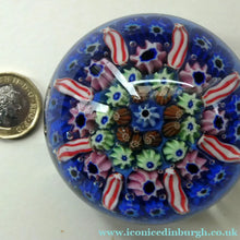 Load image into Gallery viewer, Vintage Scottish Paperweight 1950s VASART GLASS. Blue Ground with Eight Half Spokes and Millefiori Canes - Scottish
