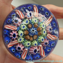 Load image into Gallery viewer, Vintage Scottish Paperweight 1950s VASART GLASS. Blue Ground with Eight Half Spokes and Millefiori Canes
