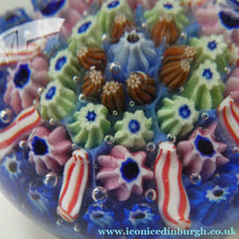 Load image into Gallery viewer, Vintage Scottish Paperweight 1950s VASART GLASS. Blue Ground with Eight Half Spokes and Millefiori Canes

