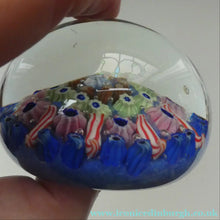 Load image into Gallery viewer, Vintage Scottish Paperweight 1950s VASART GLASS. Blue Ground with Eight Half Spokes and Millefiori Canes
