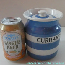 Load image into Gallery viewer, Vintage TG Green CORNISHWARE Lidded Storage Jar for CURRANTS: 5 Inches in Height. Black Shield Mark
