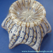 Load image into Gallery viewer, Vintage Venetian / Salviati Murano Glass Latticino Zanfirico Glass Finger Bowl &amp; Saucer; Gold Inclusions and Frilled Edges

