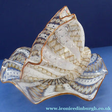 Load image into Gallery viewer, Vintage Venetian / Salviati Murano Glass Latticino Zanfirico Glass Finger Bowl &amp; Saucer; Gold Inclusions and Frilled Edges
