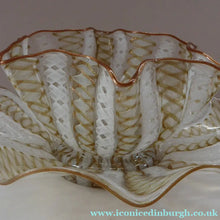 Load image into Gallery viewer, Vintage Venetian / Salviati Murano Glass Latticino Zanfirico Glass Finger Bowl &amp; Saucer; Gold Inclusions and Frilled Edges
