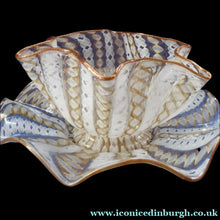Load image into Gallery viewer, Vintage Venetian / Salviati Murano Glass Latticino Zanfirico Glass Finger Bowl &amp; Saucer; Gold Inclusions and Frilled Edges
