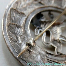 Load image into Gallery viewer, Vintage White Metal Celtic Style Brooch with Lion Rampant Motif, Thistle Motifs and Blue Enamel
