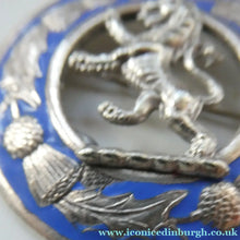 Load image into Gallery viewer, Vintage White Metal Celtic Style Brooch with Lion Rampant Motif, Thistle Motifs and Blue Enamel
