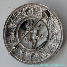 Load image into Gallery viewer, Vintage White Metal Celtic Style Brooch with Lion Rampant Motif, Thistle Motifs and Blue Enamel
