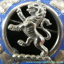 Load image into Gallery viewer, Vintage White Metal Celtic Style Brooch with Lion Rampant Motif, Thistle Motifs and Blue Enamel
