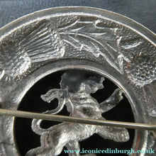 Load image into Gallery viewer, Vintage White Metal Celtic Style Brooch with Lion Rampant Motif, Thistle Motifs and Blue Enamel
