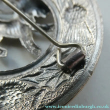 Load image into Gallery viewer, Vintage White Metal Celtic Style Brooch with Lion Rampant Motif, Thistle Motifs and Blue Enamel
