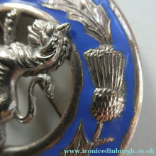 Load image into Gallery viewer, Vintage White Metal Celtic Style Brooch with Lion Rampant Motif, Thistle Motifs and Blue Enamel
