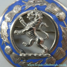 Load image into Gallery viewer, Vintage White Metal Celtic Style Brooch with Lion Rampant Motif, Thistle Motifs and Blue Enamel

