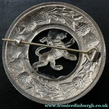 Load image into Gallery viewer, Vintage White Metal Celtic Style Brooch with Lion Rampant Motif, Thistle Motifs and Blue Enamel
