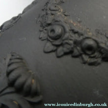 Load image into Gallery viewer, WEDGWOOD Edwardian Black Basalt Spill Vase with Ancanthus Scolls, Garlands, Ram's Head Mask. Height 8 1/2 inches
