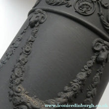 Load image into Gallery viewer, WEDGWOOD Edwardian Black Basalt Spill Vase with Ancanthus Scolls, Garlands, Ram's Head Mask. Height 8 1/2 inches
