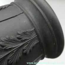 Load image into Gallery viewer, WEDGWOOD Edwardian Black Basalt Spill Vase with Ancanthus Scolls, Garlands, Ram's Head Mask. Height 8 1/2 inches
