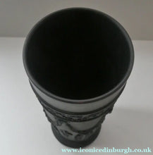Load image into Gallery viewer, WEDGWOOD Edwardian Black Basalt Spill Vase with Ancanthus Scolls, Garlands, Ram's Head Mask. Height 8 1/2 inches
