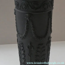 Load image into Gallery viewer, WEDGWOOD Edwardian Black Basalt Spill Vase with Ancanthus Scolls, Garlands, Ram's Head Mask. Height 8 1/2 inches
