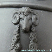 Load image into Gallery viewer, WEDGWOOD Edwardian Black Basalt Spill Vase with Ancanthus Scolls, Garlands, Ram's Head Mask. Height 8 1/2 inches
