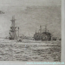 Load image into Gallery viewer, William Wyllie Etching. HMS Victory Firing a Salute in Portsmouth Harbour
