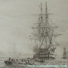 Load image into Gallery viewer, William Wyllie Etching. HMS Victory Firing a Salute in Portsmouth Harbour
