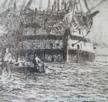 Load image into Gallery viewer, William Wyllie Etching. HMS Victory Firing a Salute in Portsmouth Harbour
