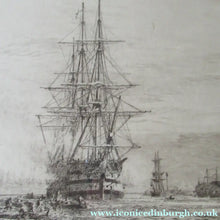Load image into Gallery viewer, William Wyllie Etching. HMS Victory Firing a Salute in Portsmouth Harbour
