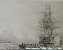 Load image into Gallery viewer, William Wyllie Etching. HMS Victory Firing a Salute in Portsmouth Harbour
