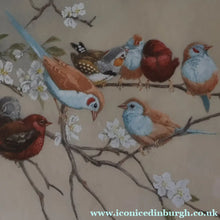 Load image into Gallery viewer, Pretty 1930s ORIGINAL Colour Etching of Little Birds Sitting on a Branch by Winifred Austen (1876 - 1964).  Pencil Signed
