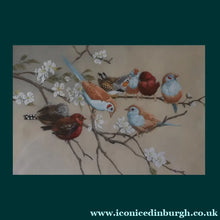 Load image into Gallery viewer, Pretty 1930s ORIGINAL Colour Etching of Little Birds Sitting on a Branch by Winifred Austen (1876 - 1964).  Pencil Signed
