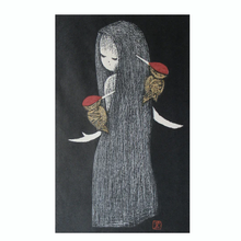 Load image into Gallery viewer, Vintage JAPANESE Woodblock Print by Kaoru Kawano (1916 – 1965). Girl with Woodpeckers; 1950s / 1960s
