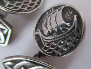 Vintage Scottish Iona Silver Cufflinks. Designed by John Hart with Viking Ships & Celtic Knotwork Designs.