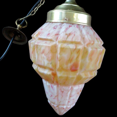 1930s Art Deco Orange and White Mottled Glass. Marble Effect Hanging Lantern. Brass Chains and Fittings 