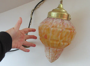 1930s Art Deco Orange and White Mottled Glass. Marble Effect Hanging Lantern. Brass Chains and Fittings 