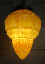 Load image into Gallery viewer, 1930s Art Deco Orange and White Mottled Glass. Marble Effect Hanging Lantern. Brass Chains and Fittings 
