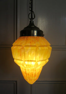 1930s Art Deco Orange and White Mottled Glass. Marble Effect Hanging Lantern. Brass Chains and Fittings 