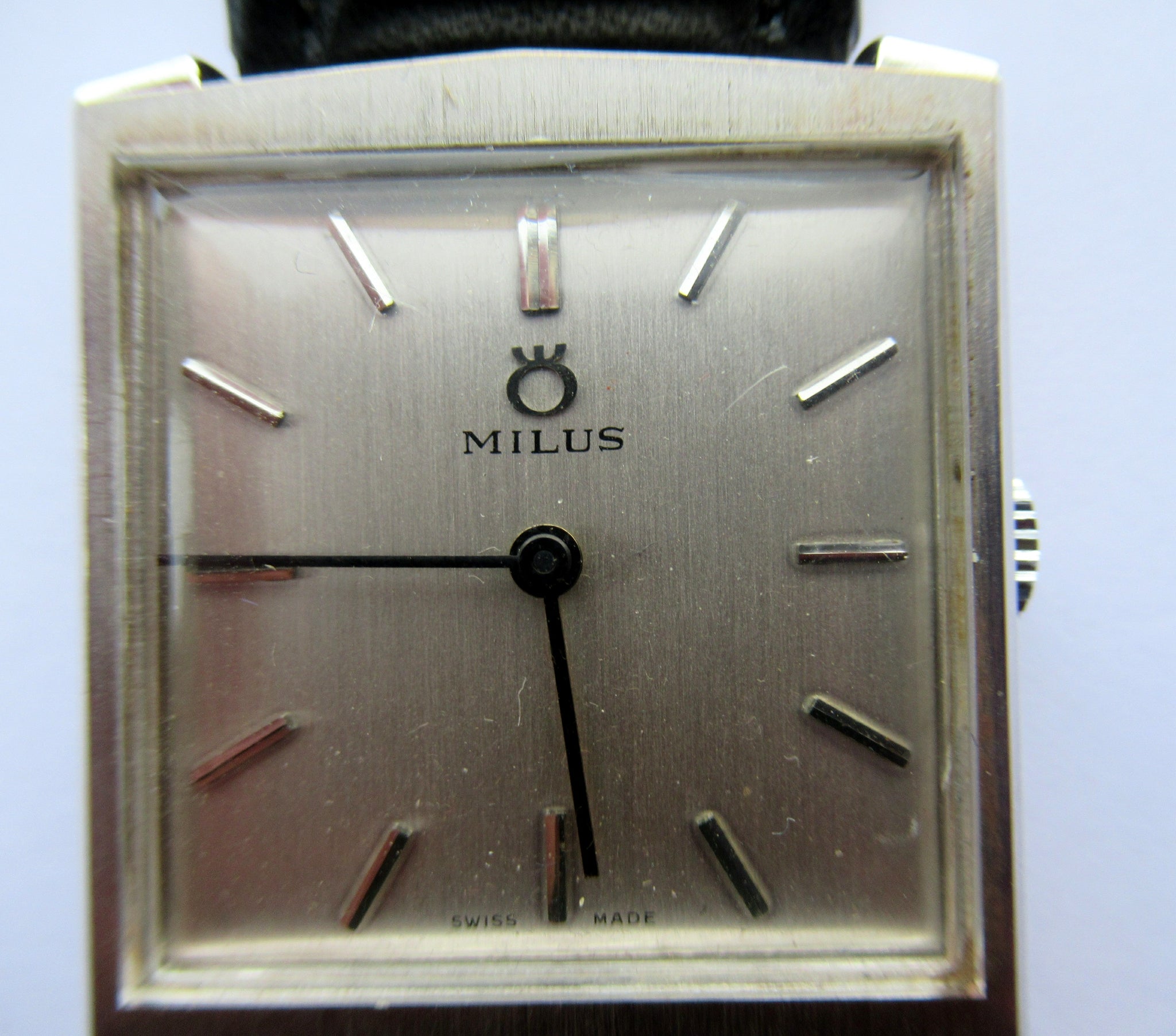 Vintage 1960s Square Faced Manual Wind MILUS Wristwatch with Black Lea ...