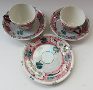 Antique Scottish Pottery Bough. Cup and Saucers & Side Plate. Pink Prunus