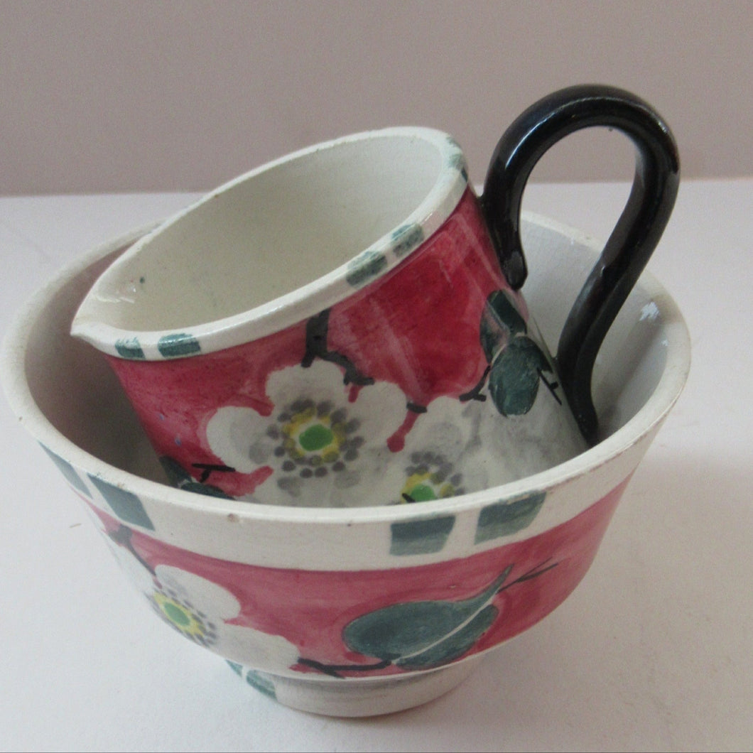 1920s Mak Merry Pink and White Prunus Flowers Milk Jug and Sugar Bowl