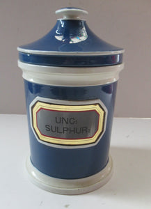 Antique Blue and White Ceramic Chemist Apothecary Lidded Pot