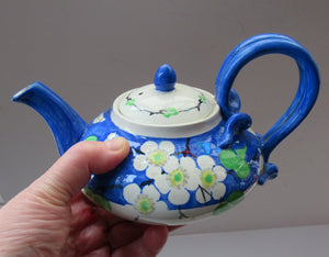 SCOTTISH POTTERY. Rare MakMerry Hand-Painted Teapot with White Prunus Blossoms and Blue Background. Rare Piece in Good Antique Condition