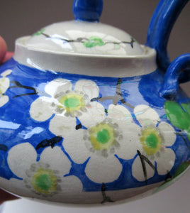 SCOTTISH POTTERY. Rare MakMerry Hand-Painted Teapot with White Prunus Blossoms and Blue Background. Rare Piece in Good Antique Condition