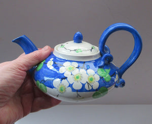 SCOTTISH POTTERY. Rare MakMerry Hand-Painted Teapot with White Prunus Blossoms and Blue Background. Rare Piece in Good Antique Condition