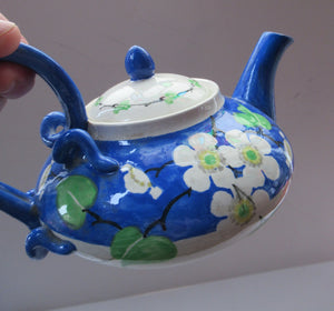 SCOTTISH POTTERY. Rare MakMerry Hand-Painted Teapot with White Prunus Blossoms and Blue Background. Rare Piece in Good Antique Condition