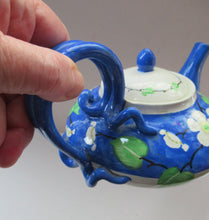 Load image into Gallery viewer, SCOTTISH POTTERY. Rare MakMerry Hand-Painted Teapot with White Prunus Blossoms and Blue Background. Rare Piece in Good Antique Condition
