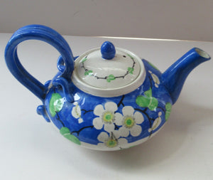 SCOTTISH POTTERY. Rare MakMerry Hand-Painted Teapot with White Prunus Blossoms and Blue Background. Rare Piece in Good Antique Condition
