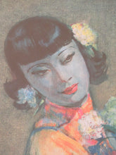 Load image into Gallery viewer, CC Beall 1950s Japanese Girls Series. Bunch of Flowers. Tretchikoff Style Print
