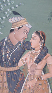 Mughal Style Indian Watercolour Painting on Paper. Romantic Couple Walking in a Garden