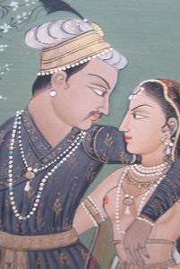 Mughal Style Indian Watercolour Painting on Paper. Romantic Couple Walking in a Garden